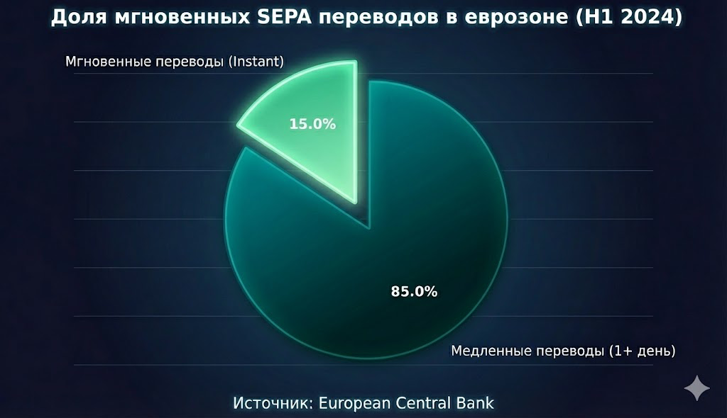 Доля мгновенных SEPA переводов в еврозоне (H1 2024)
